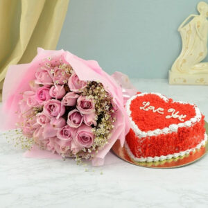 Bunch 25 Pink Rose with Red Eggless Velvet Cake