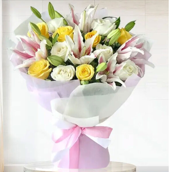 Bouquet of White & Yellow Roses & Pink Lilies